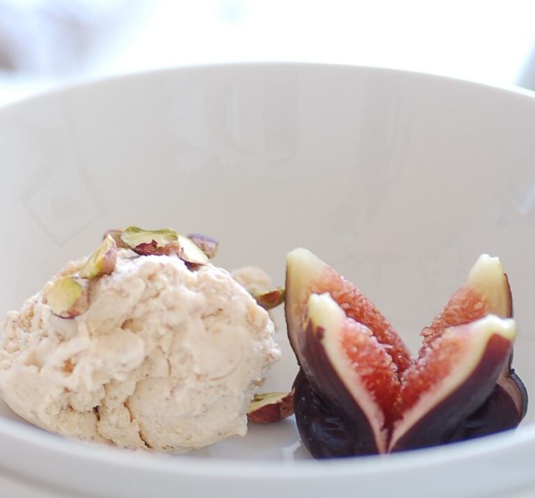 Dried fig ice cream with fresh figs and pistachios