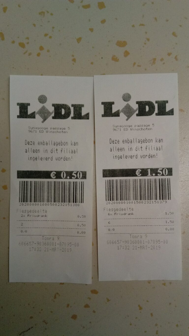 Two Lidl bottle reverse vending machine receipts, Winschoten (2019) 02
